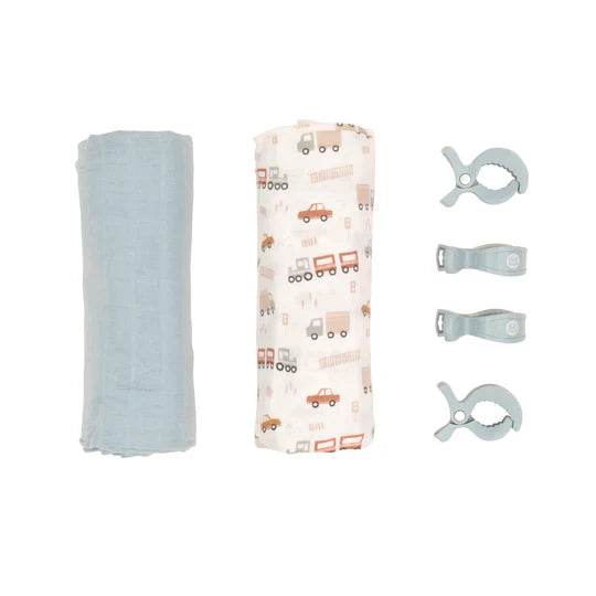 All4Ella Organic Muslin Blanket With Stroller Clips - Swaddle, Nursing Cover, Sun Shield (Trucks Theme)