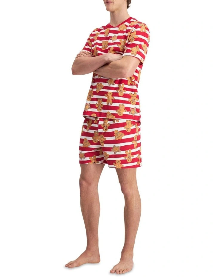 Bonds Men's Sleep Tee And Short Set in Red - Gingerbread Parade