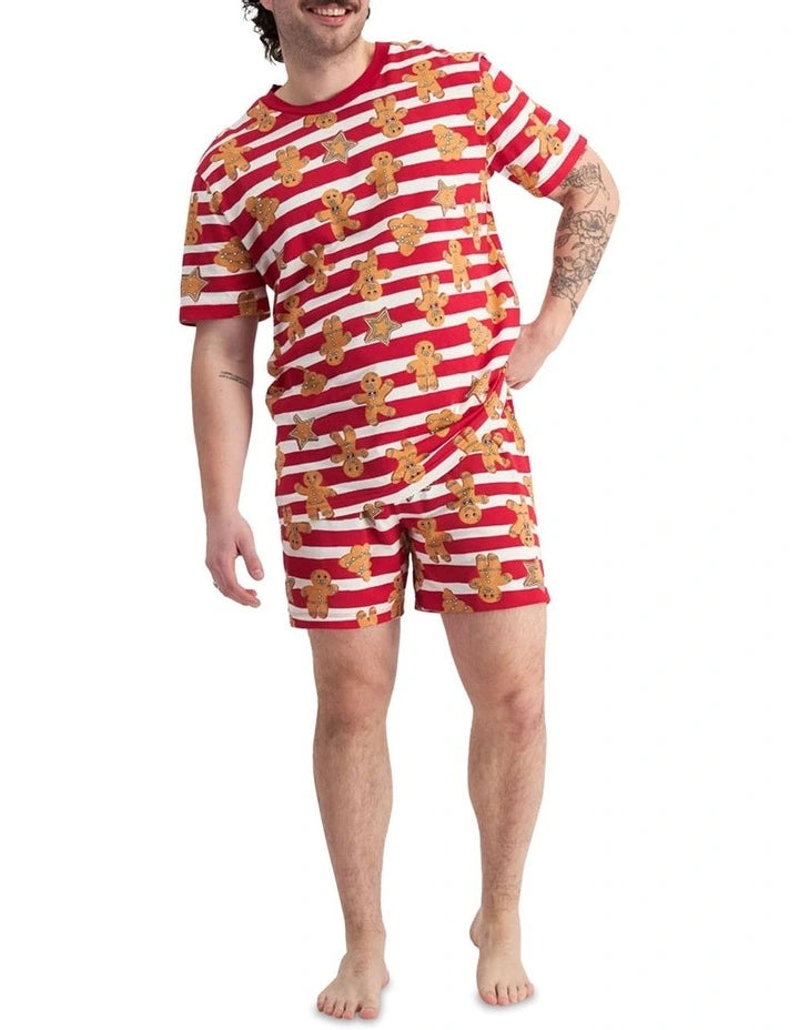 Bonds Men's Sleep Tee And Short Set in Red - Gingerbread Parade