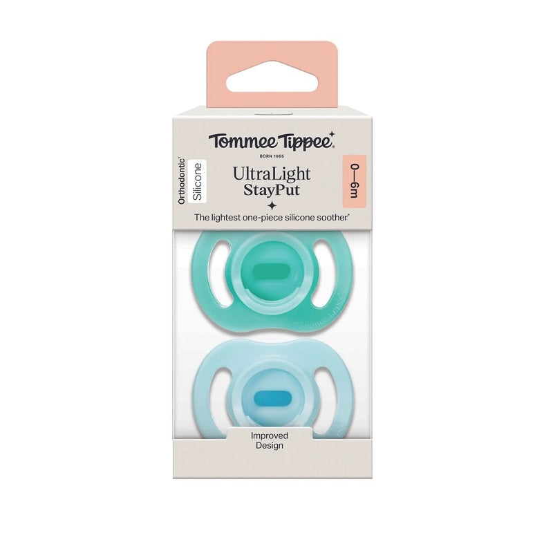 Tommee Tippee Ultra-Light Stayput Silicone Soother 2 Pack 0-6 Months - Aqua Pack