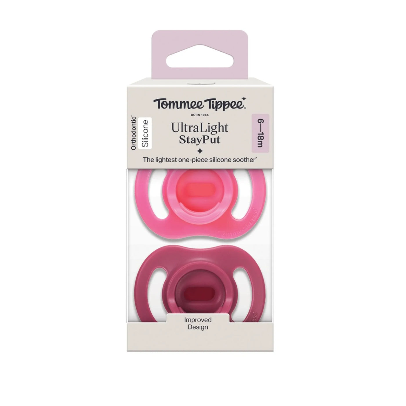 Tommee Tippee Ultra-Light Stayput Silicone Soother 2 Pack 6-18 Months - Pink Pack