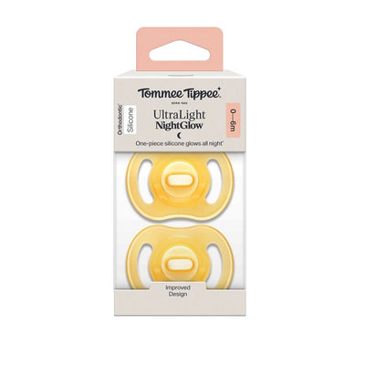 Tommee Tippee Ultra-Light Stayput Night GLow Silicone Soother 2 Pack 0-6 Months - Yellow Pack