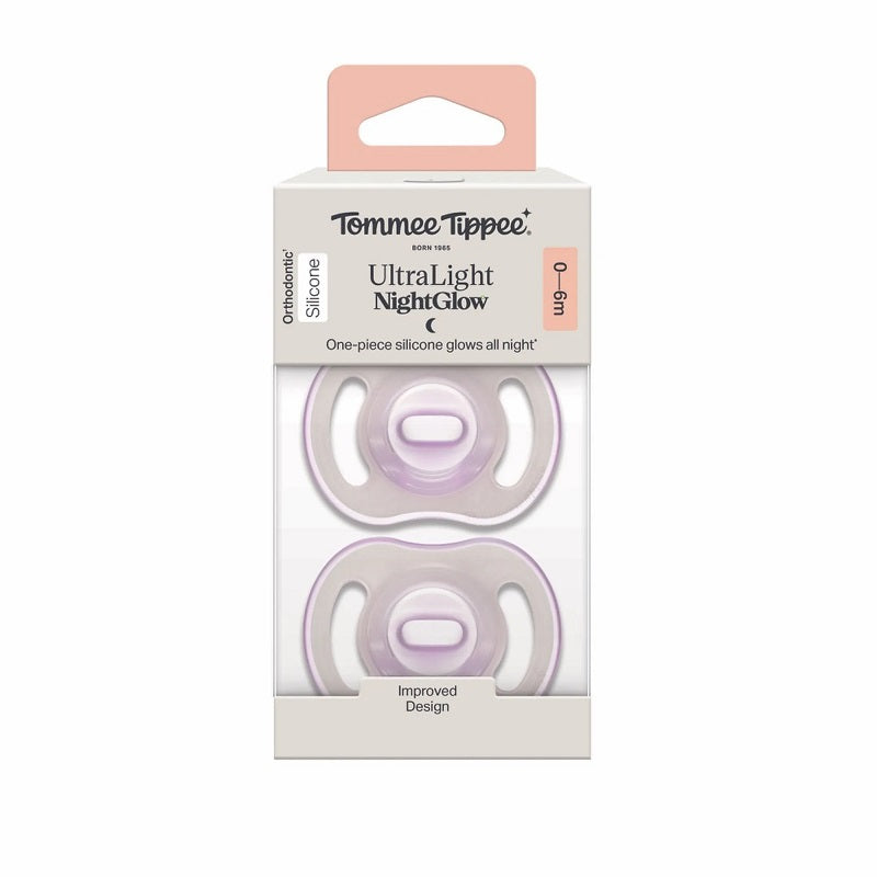 Tommee Tippee Ultra-Light Stayput Night GLow Silicone Soother 2 Pack 0-6 Months - Lilac Pack