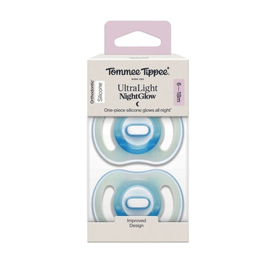 Tommee Tippee Ultra-Light Stayput Night GLow Silicone Soother 2 Pack 6-18 Months - Blue Pack