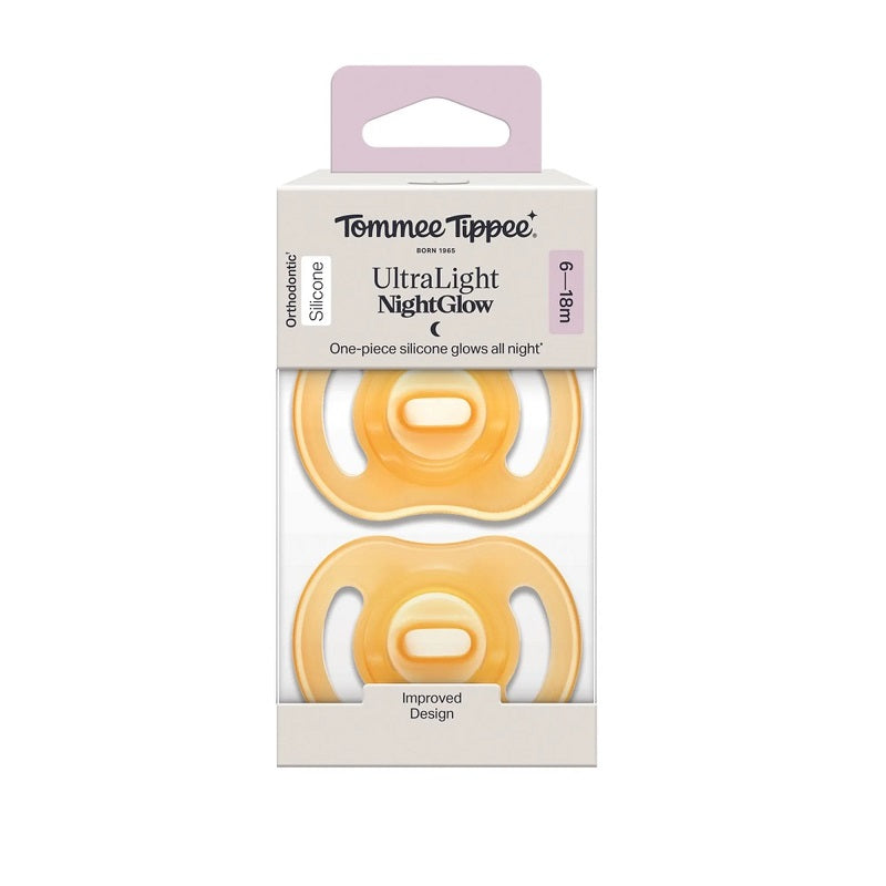 Tommee Tippee Ultra-Light Stayput Night GLow Silicone Soother 2 Pack 6-18 Months - Orange Pack