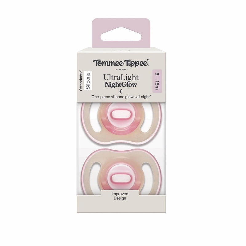 Tommee Tippee Ultra-Light Stayput Night GLow Silicone Soother 2 Pack 6-18 Months - Pink Pack