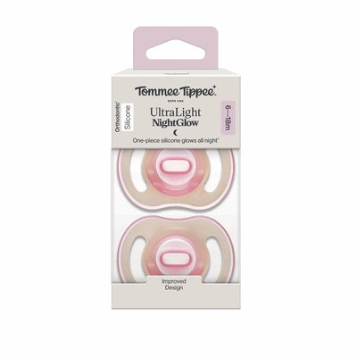 Tommee Tippee Ultra-Light Stayput Night GLow Silicone Soother 2 Pack 6-18 Months - Pink Pack