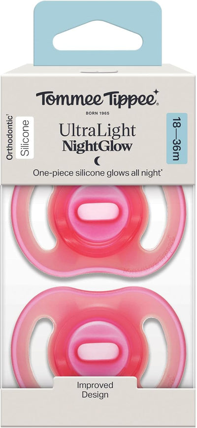 Tommee Tippee Ultra-Light Stayput Night GLow Silicone Soother 2 Pack 18-36 Months - Pink Pack