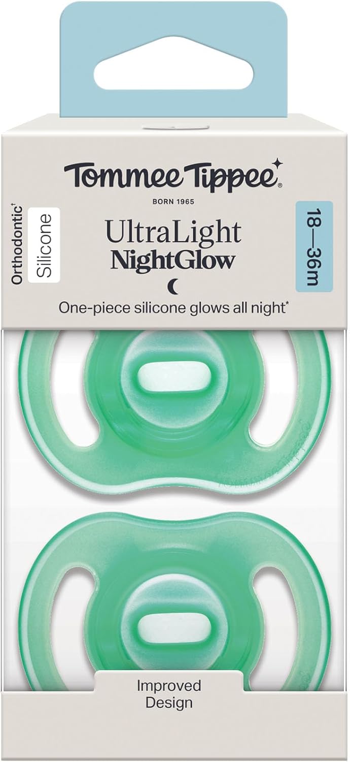 Tommee Tippee Ultra-Light Stayput Night GLow Silicone Soother 2 Pack 18-36 Months - Green Pack
