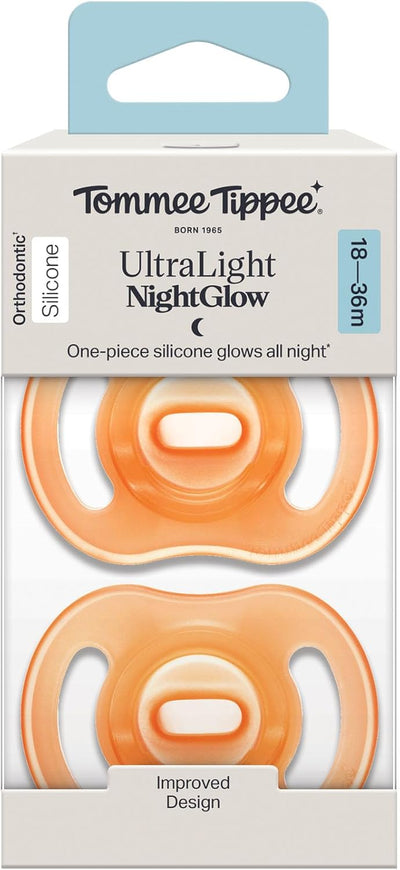 Tommee Tippee Ultra-Light Stayput Night GLow Silicone Soother 2 Pack 18-36 Months - Orange Pack