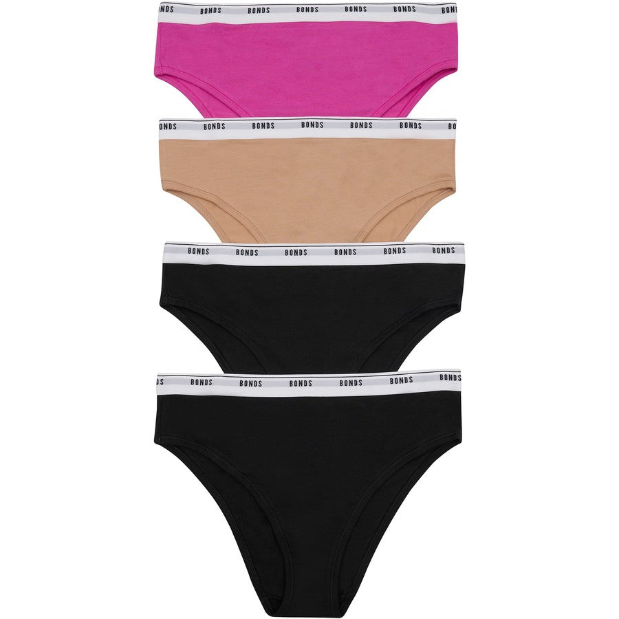 Bonds Womens Everyday Hi-Leg Briefs 4 Pack - Pink/Natural/Black