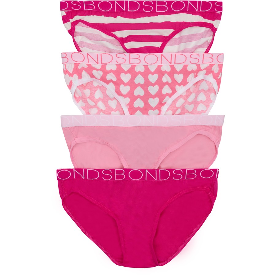 Bonds Girls Bikini 4 Pack - Pink Heart Print Pack