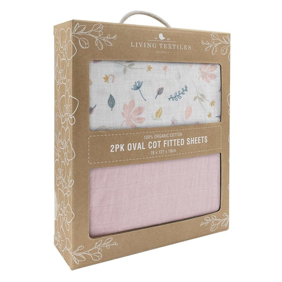 Living Textiles Organic Muslin 2 Pack Oval Cot Fitted Sheet - Botanical/Blush