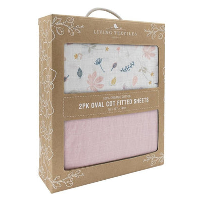 Living Textiles Organic Muslin 2 Pack Oval Cot Fitted Sheet - Botanical/Blush