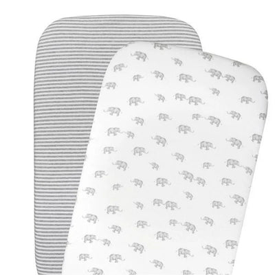 Living Textiles 2 Pack Bassinet Jersey Fitted Sheet - Grey Elephant/Stripes