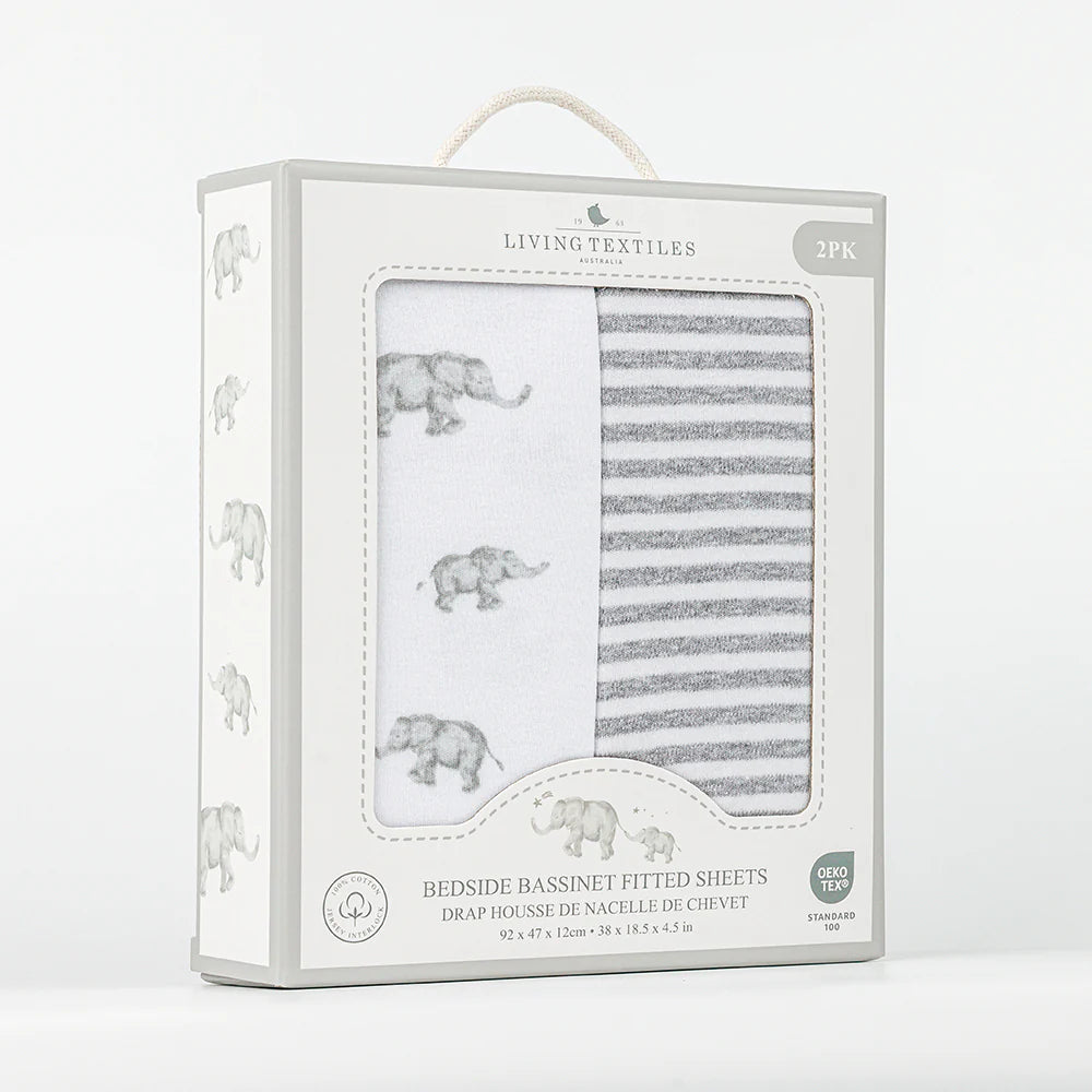 Living Textiles 2 Pack Bedside Bassinet Fitted Sheet - Watercolour Elephant