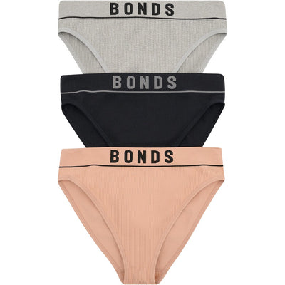 Bonds Women's Retro Rib Hi Waisted Bikini 3 Pack - Black/Nude/Grey