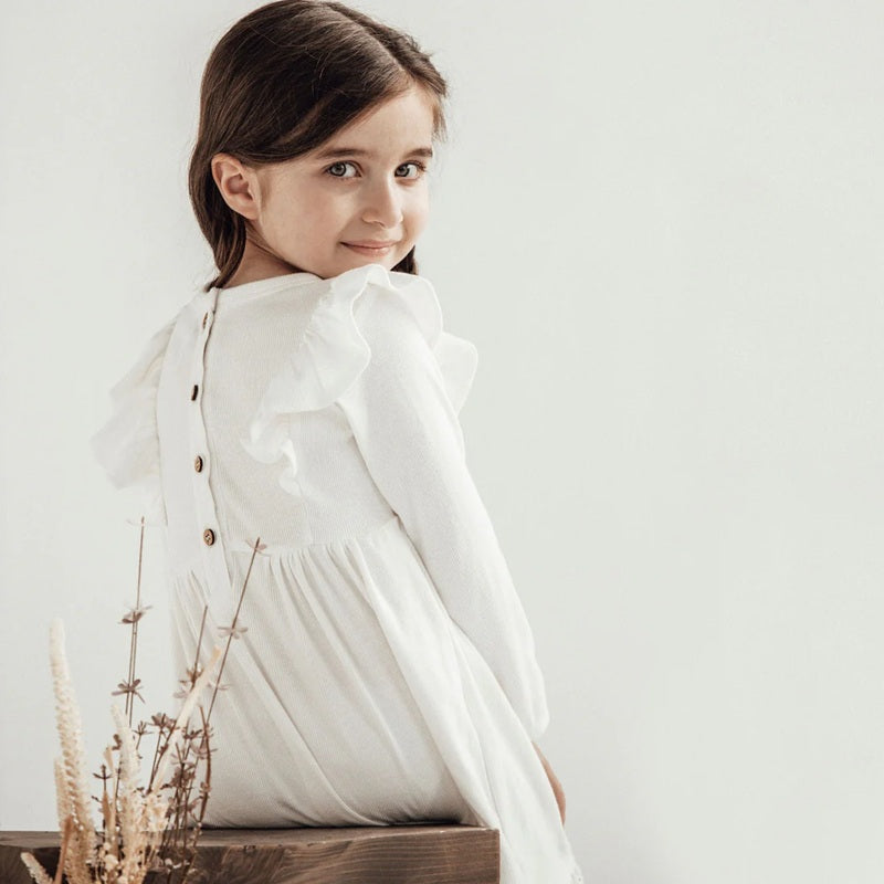 Aster & Oak Snow Rib Ruffle Dress - Snow