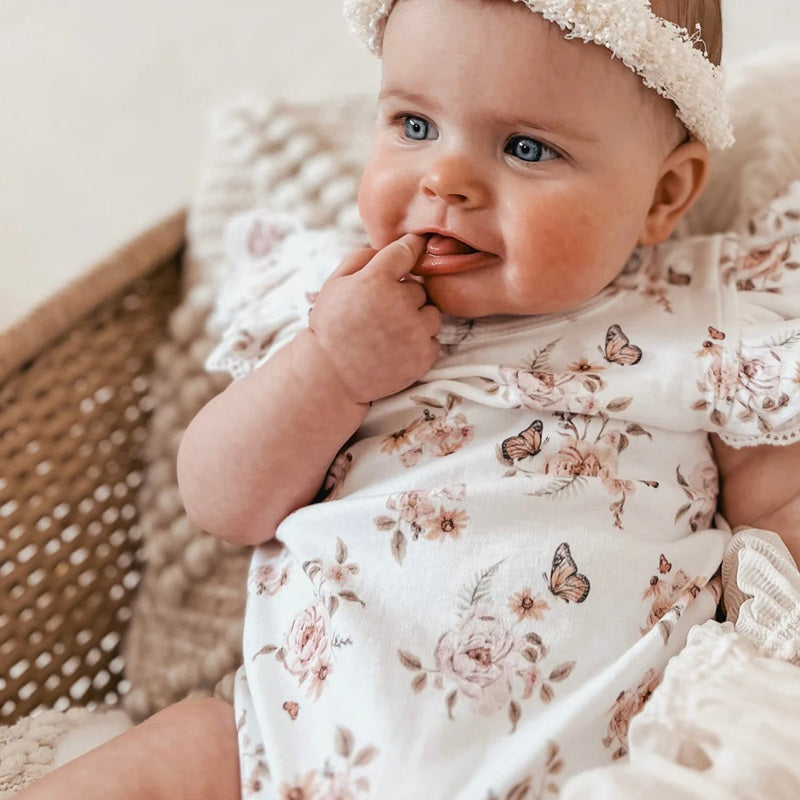 Aster & Oak Butterfly Garden Lace Onesie - White