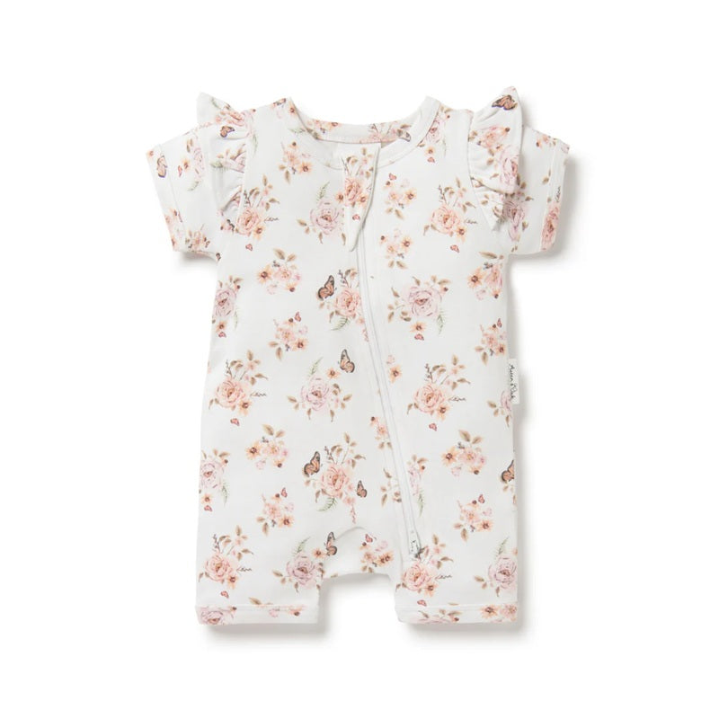Aster & Oak Butterfly Garden Zip Romper - White