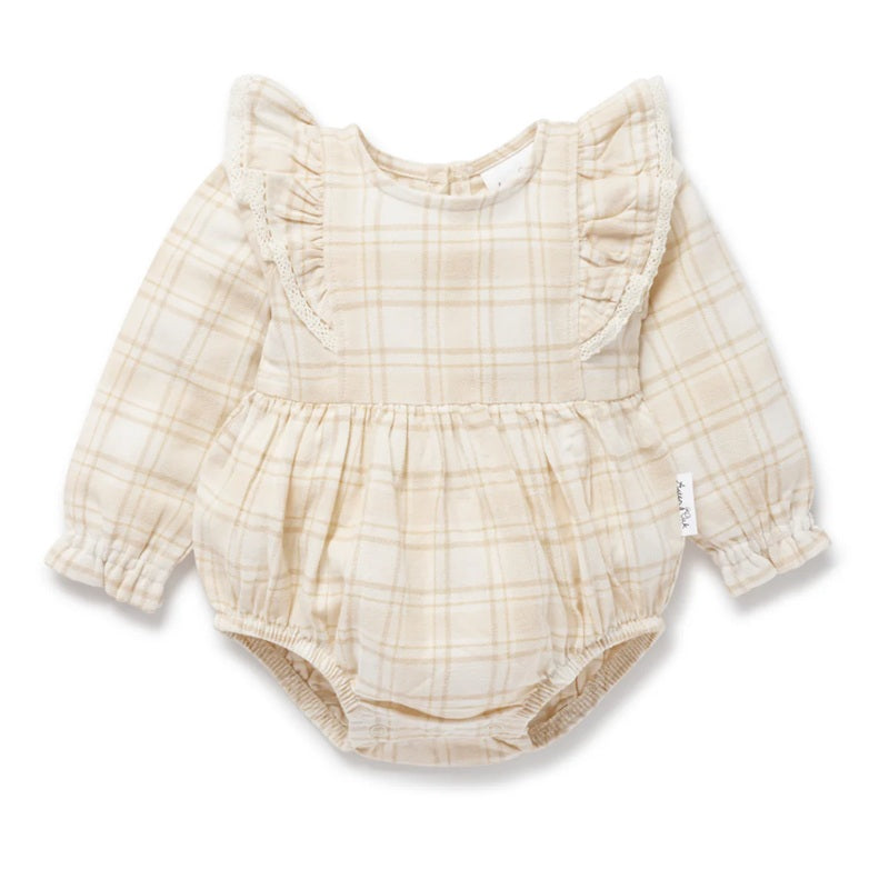 Aster & Oak Beige Plaid Bubble Ruffle Flannel Romper - Beige