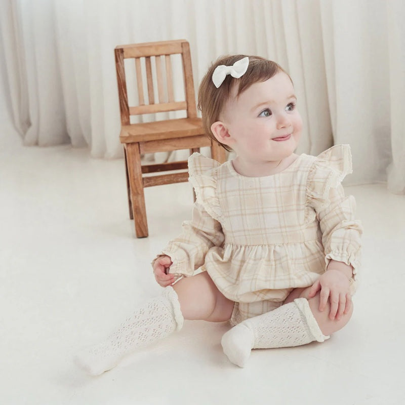 Aster & Oak Beige Plaid Bubble Ruffle Flannel Romper - Beige