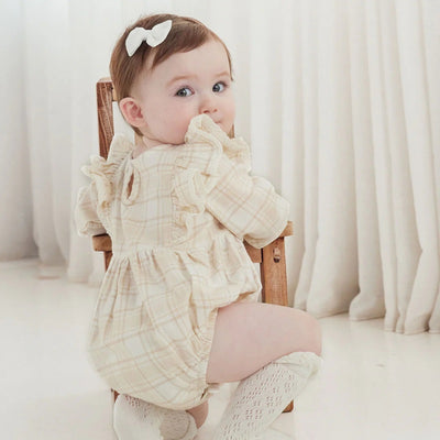 Aster & Oak Beige Plaid Bubble Ruffle Flannel Romper - Beige