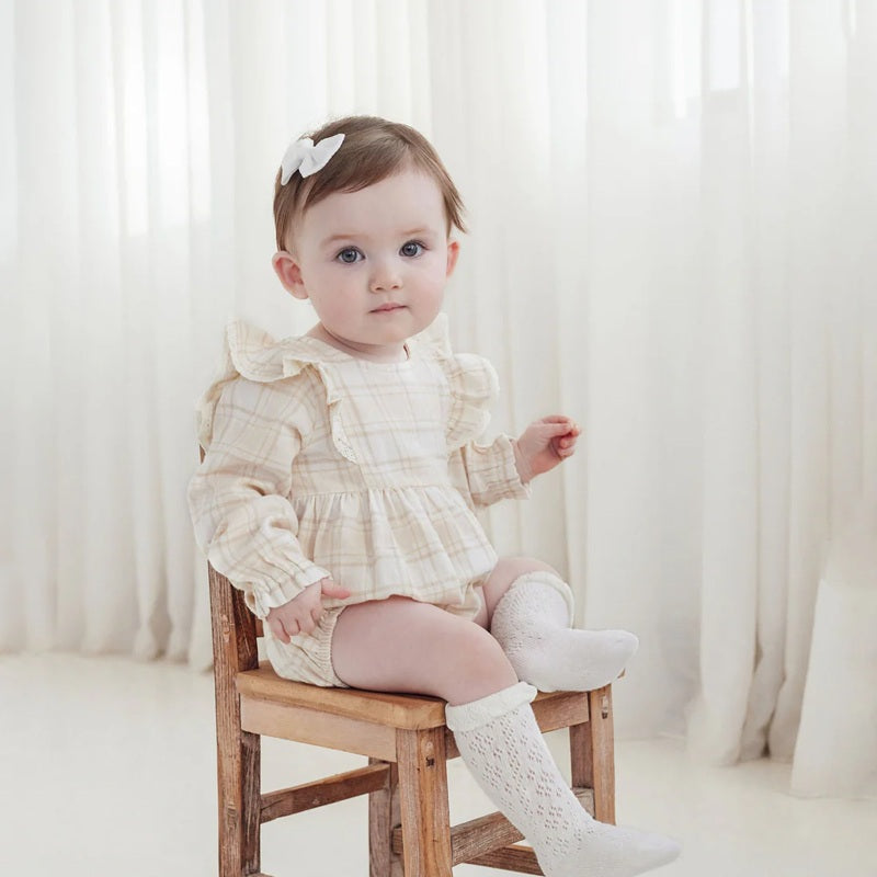 Aster & Oak Beige Plaid Bubble Ruffle Flannel Romper - Beige