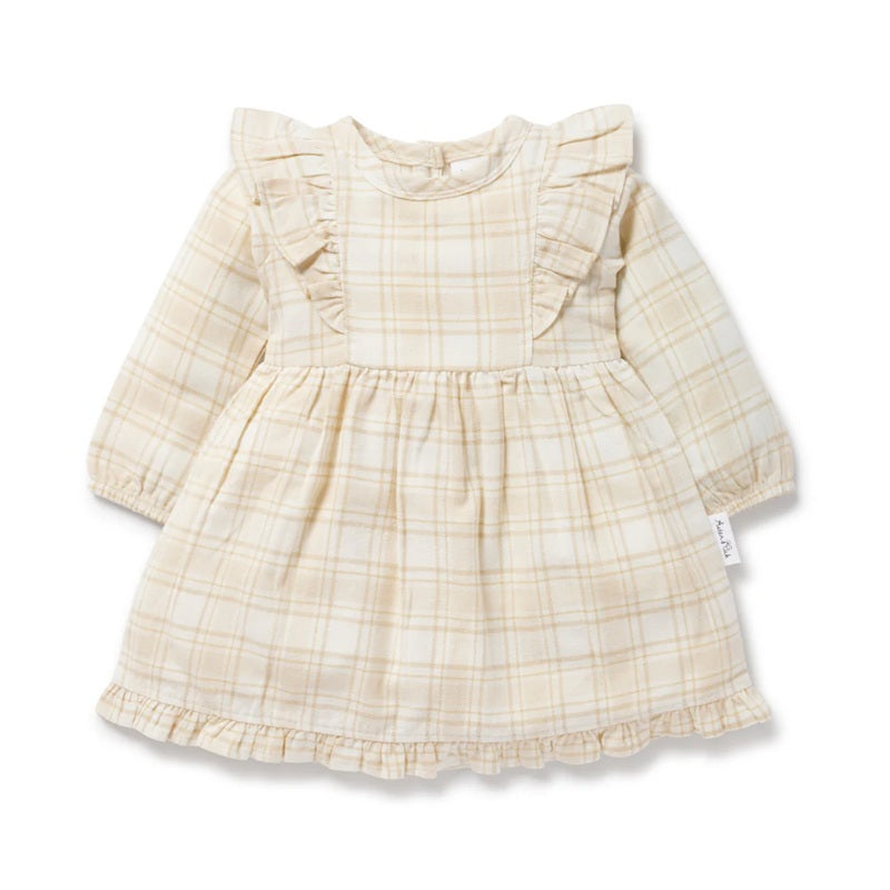Aster & Oak Beige Plaid Ruffle Flannel Dress - Beige