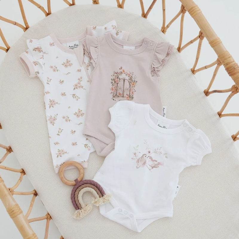 Aster & Oak Blossom Print Puff Onesie - White
