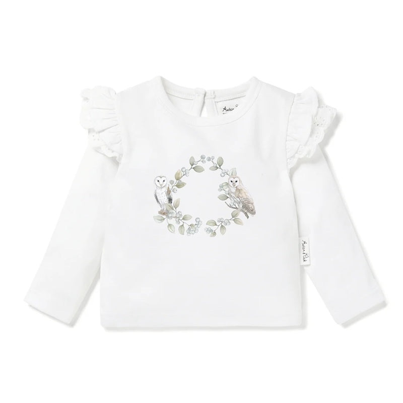 Aster & Oak Barn Owl Print Long Sleeve Tee - White