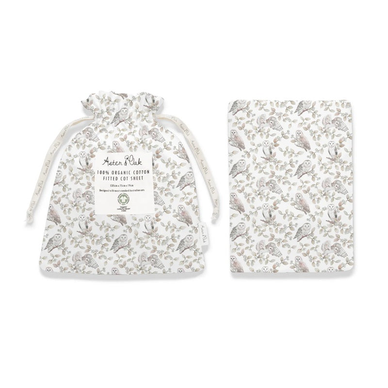 Aster & Oak Barn Owl Cot Sheet - White