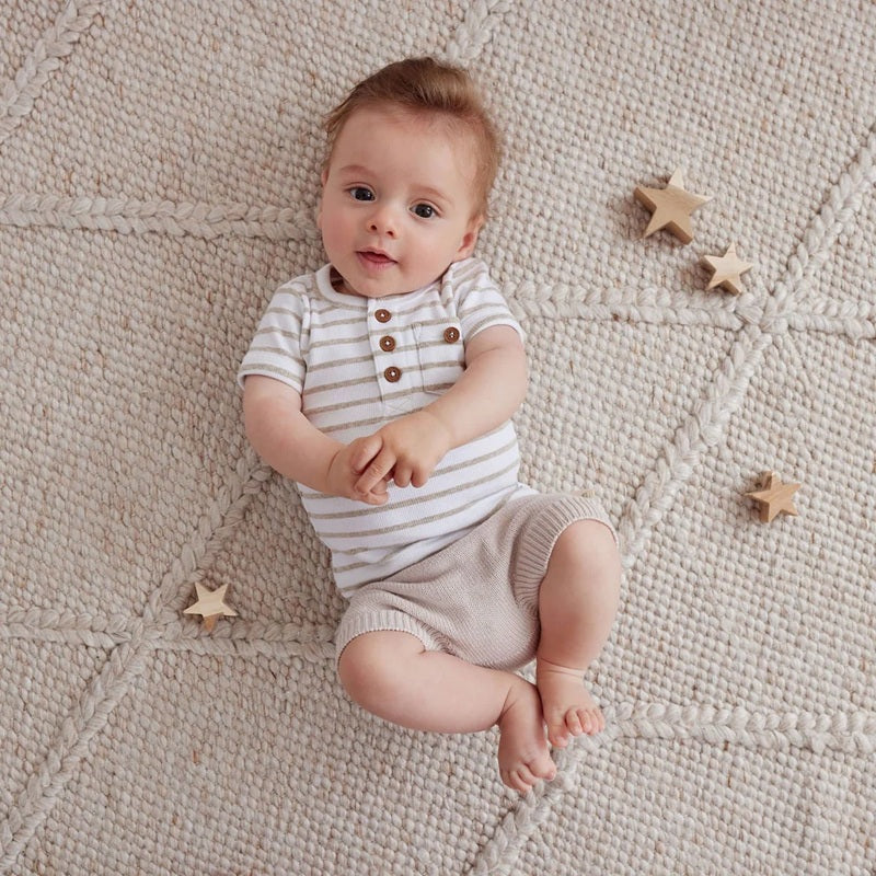 Aster & Oak Stripe Rib Henley Top - Oatmeal