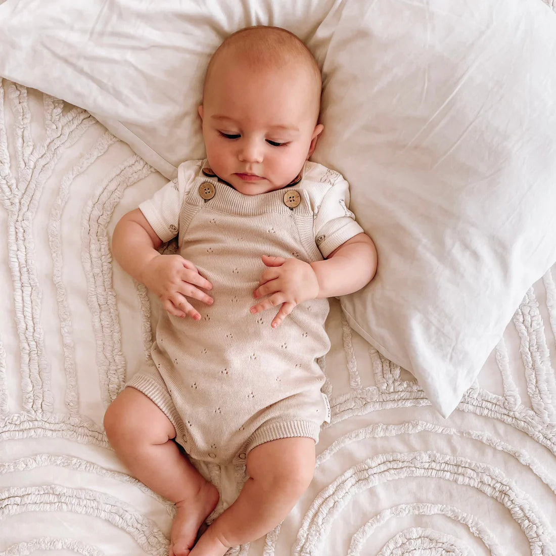 Aster & Oak Oatmeal Pointelle Knit Romper - Oatmeal