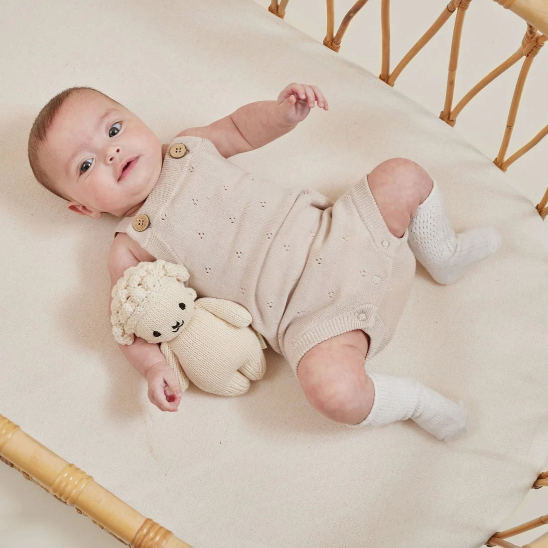 Aster & Oak Oatmeal Pointelle Knit Romper - Oatmeal