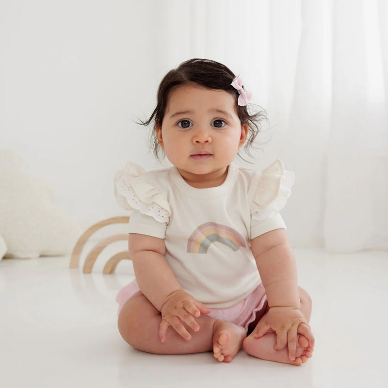 Aster & Oak Rainbow Print Flutter Tee - Natural