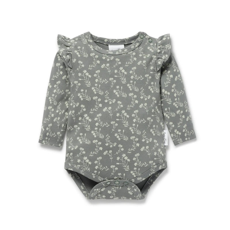Aster & Oak Mia Floral Flutter Onesie - Dark Sage