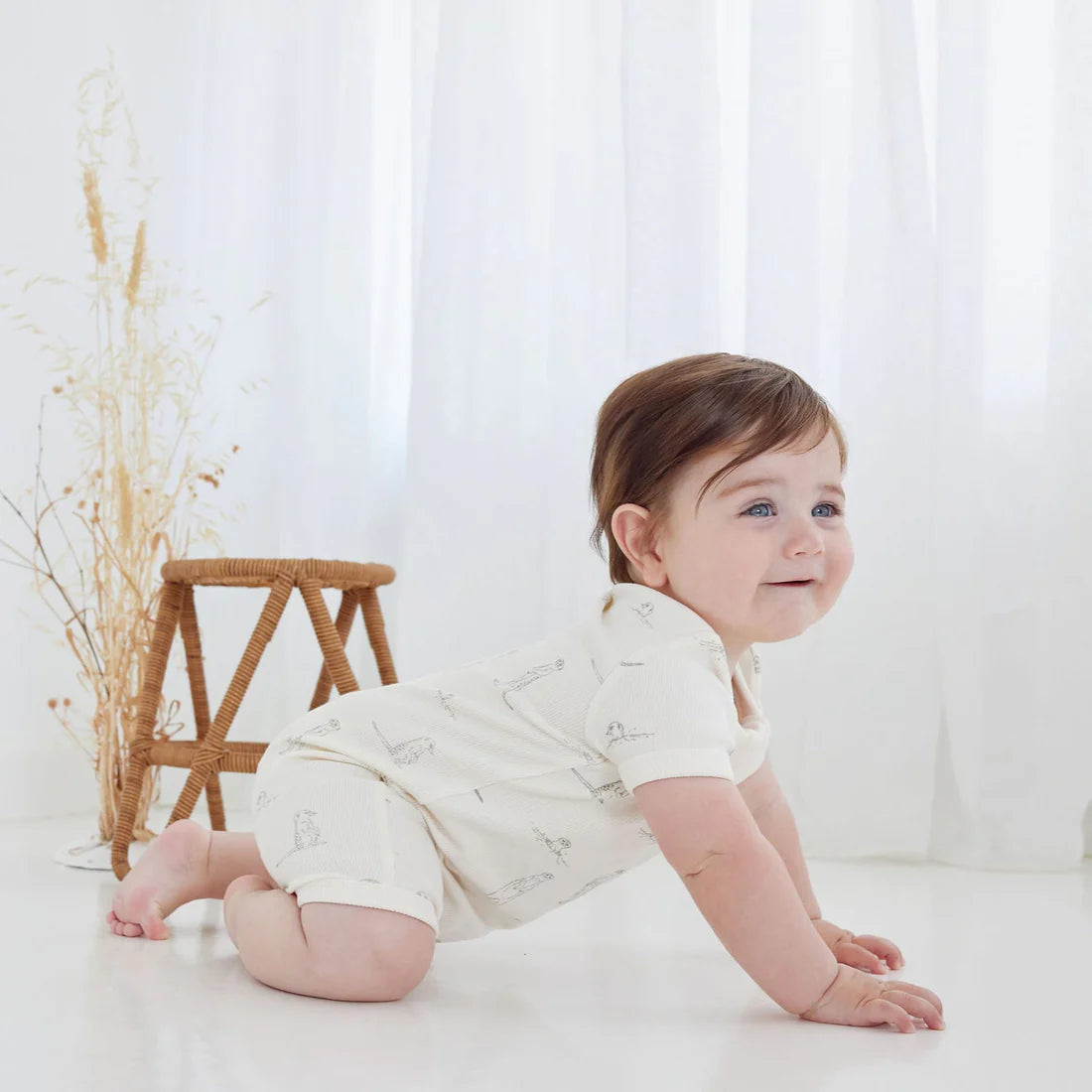 Aster & Oak Meerkat Rib Zip Romper - Natural
