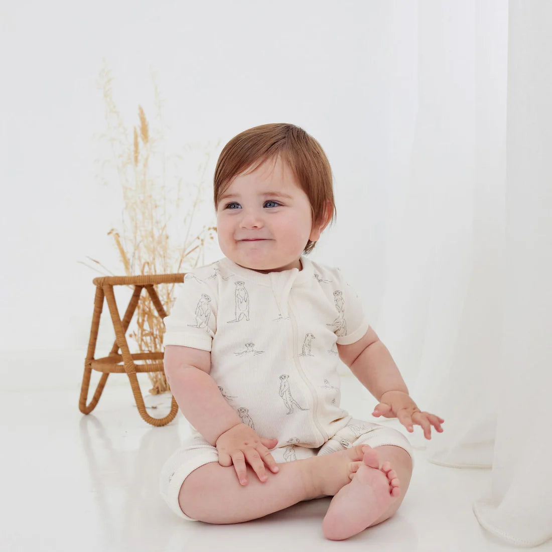 Aster & Oak Meerkat Rib Zip Romper - Natural