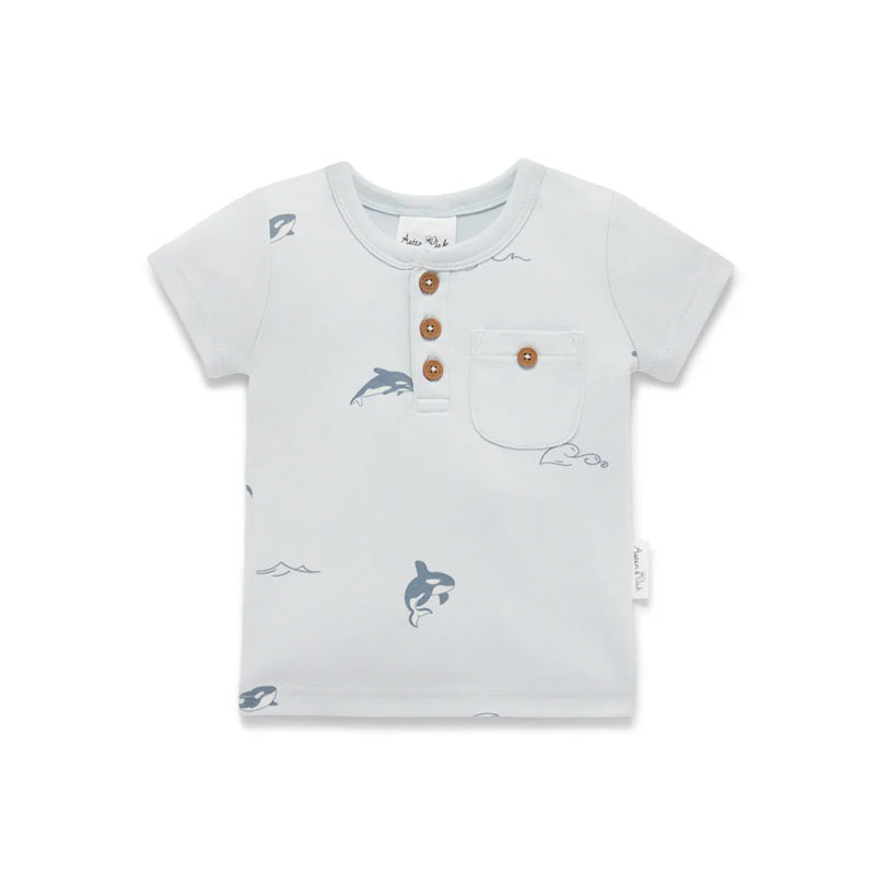 Aster & Oak Orca AOP Henley Tee - Blue