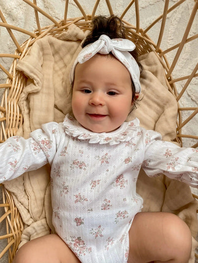 Aster & Oak Posie Floral Pointelle Flutter Onesie - White