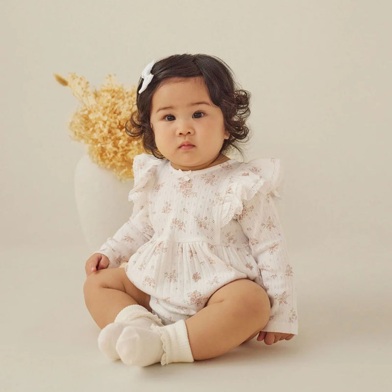 Aster & Oak Posie Floral Pointelle Bubble Romper - White