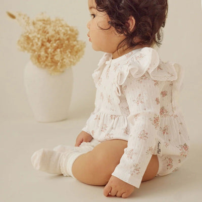 Aster & Oak Posie Floral Pointelle Bubble Romper - White