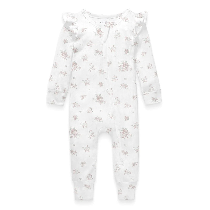 Aster & Oak Posie Floral Pointelle Zip Romper - White