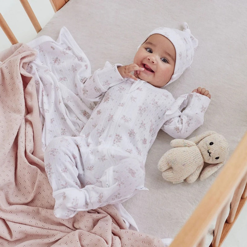 Aster & Oak Posie Floral Pointelle Zip Romper - White