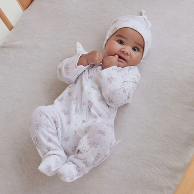 Aster & Oak Posie Floral Pointelle Zip Romper - White