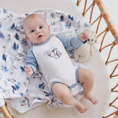 Aster & Oak Snow Wolf Print Onesie - White
