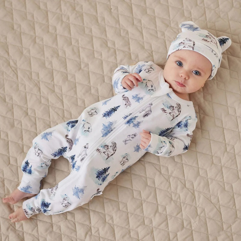 Aster & Oak Snow Animals Zip Romper - White