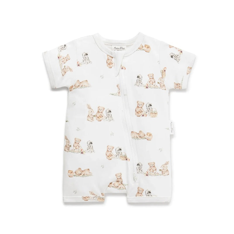 Aster & Oak Teddy Picnic Zip Romper - White