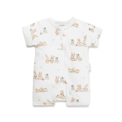 Aster & Oak Teddy Picnic Zip Romper - White
